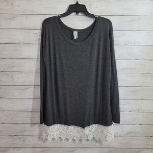 Boutique Brand Brenda's Soft Heathered Dark Gray Tunic Top Lace Trim Size Medium